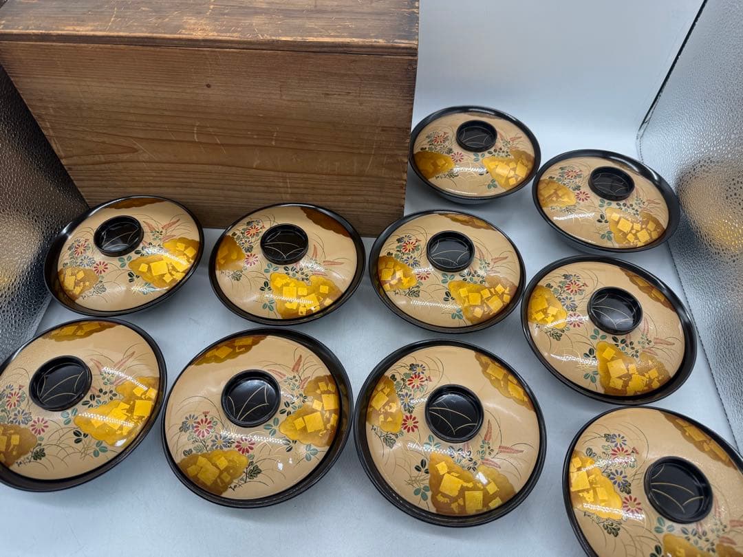 時代　輪島塗　蒔絵秋草紋菓子椀10点　木製　共箱　送料込み251221