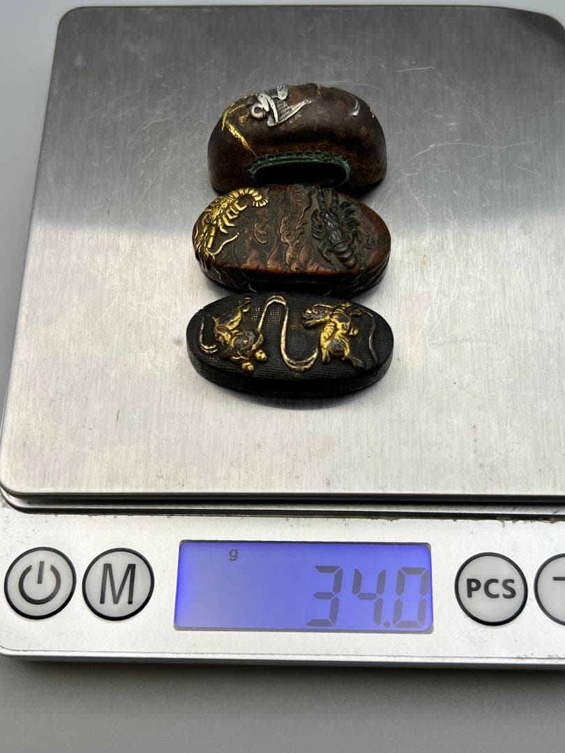 【海】江戸明治期　日本刀装具　獅子　蝦図　金象嵌　縁頭　3点　骨董品　美術品