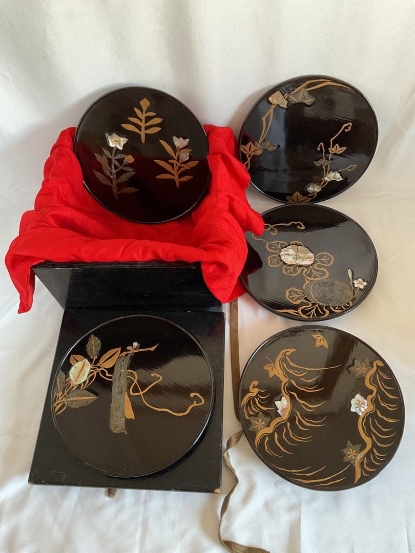 古い「金・銀泥と貝螺鈿の銘各盆5客」/光琳蒔絵