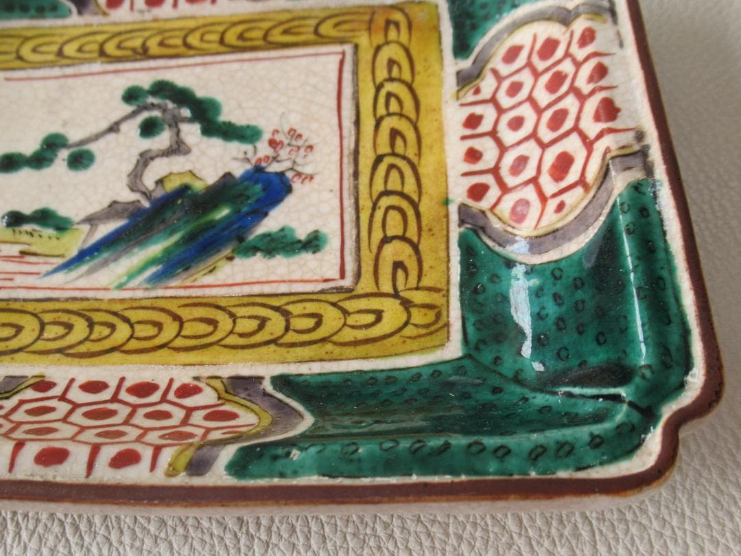 ◆美品希少 江戸時代末期◆吉田屋 角福 青手九谷 山水図 角皿 横幅18.2cm