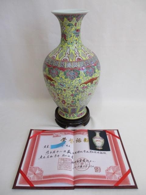 中国古玩 大清雍正年製 魚尾花瓶 箱なし 台座付き 約36cm 中国美術
