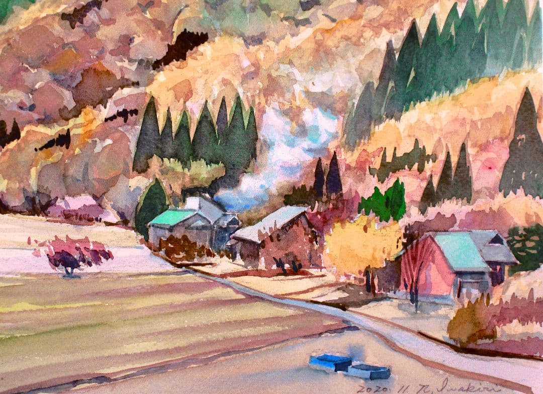 水彩画「昼餉の煙り」