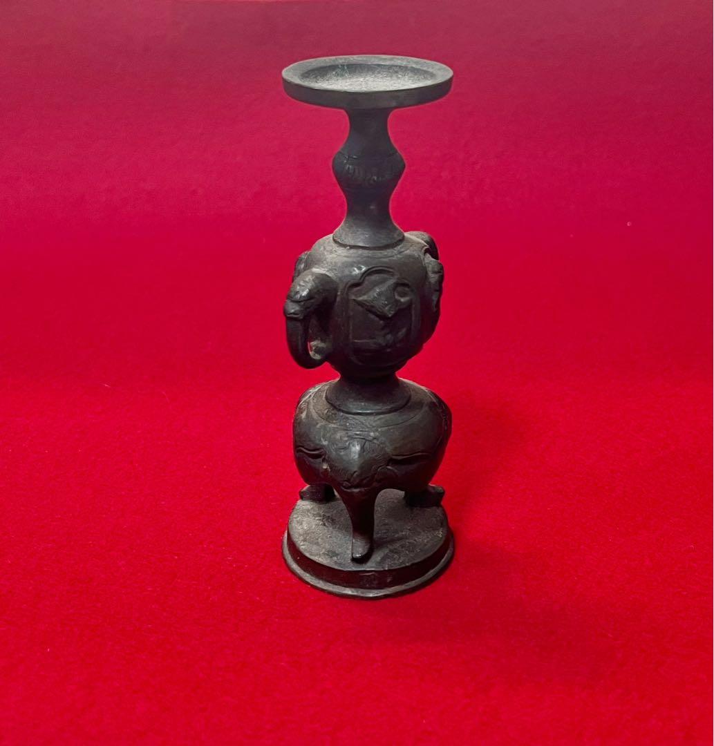 古道具 古銅 三足 獸足獸耳 燭台 燈台 アンティーク　仏具