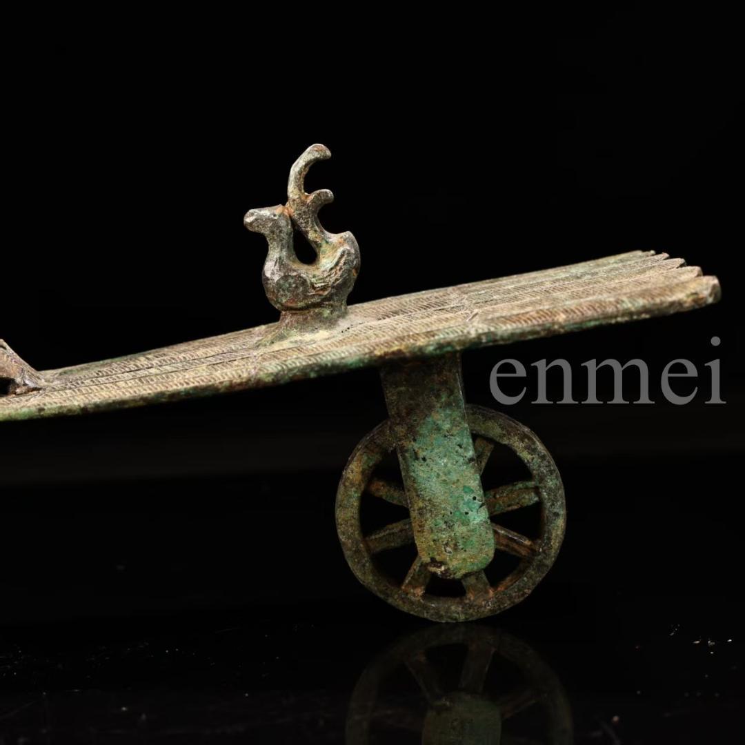 中国古美術・珍品旧藏・青銅製の鳳鳥車・鏨刻・純銅製・高浮彫・置物・風水開運・置物