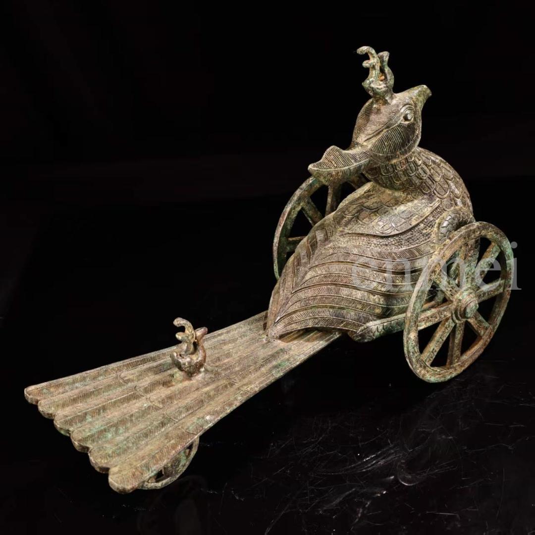 中国古美術・珍品旧藏・青銅製の鳳鳥車・鏨刻・純銅製・高浮彫・置物・風水開運・置物