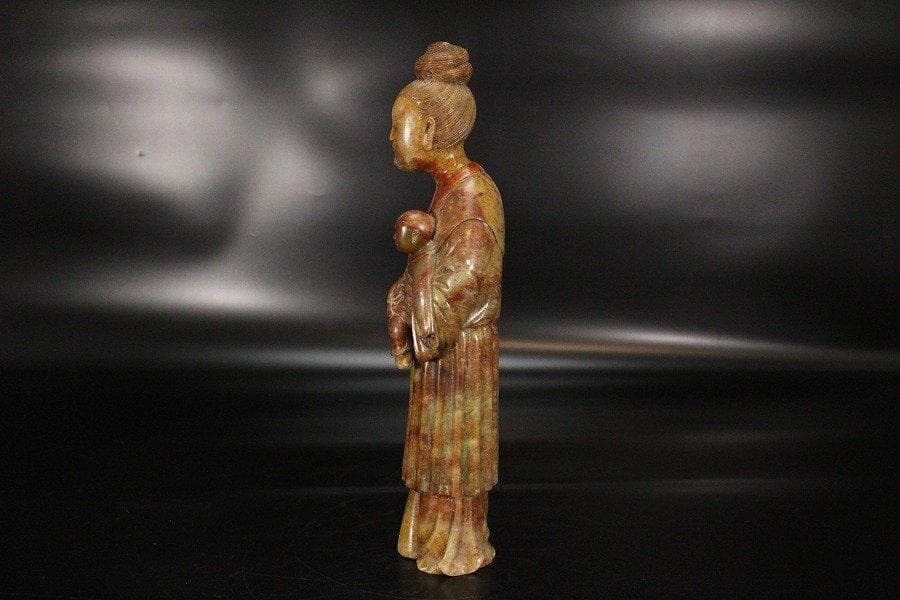 中国美術 寿山石 刻 子抱女人像 高26cm 康熙美人 唐木台 旧家蔵出