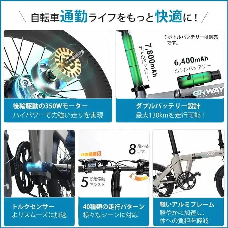【リユース品】折りたたみ電動アシスト自転車 ERWAY A02 グレー