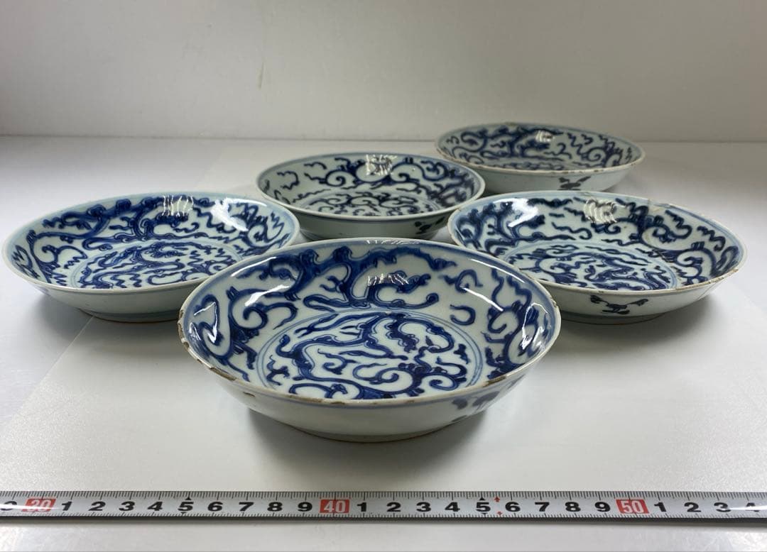 中国清時代　新渡青花龍図中皿　木箱付　直径約16㎝　東Y7-0326☆2F