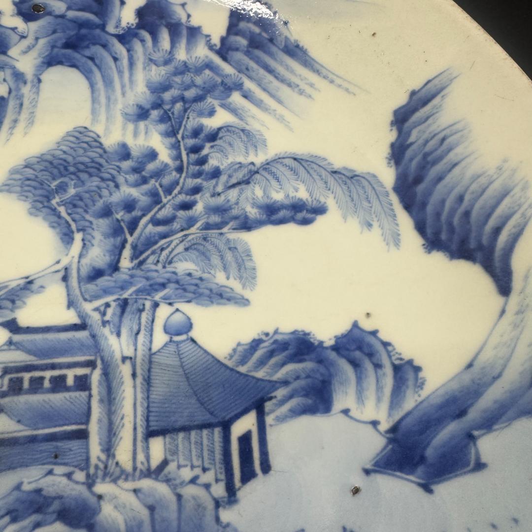 古伊万里　山水楼　大皿　染付　飾り皿　在銘　時代物33cm