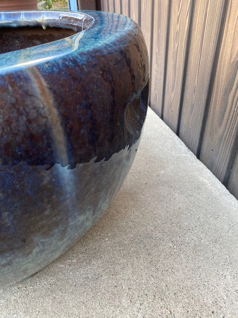 火鉢　陶器　海鼠釉　アンティーク　骨董　金魚鉢　特大　睡蓮鉢　メダカ　鉢カバー