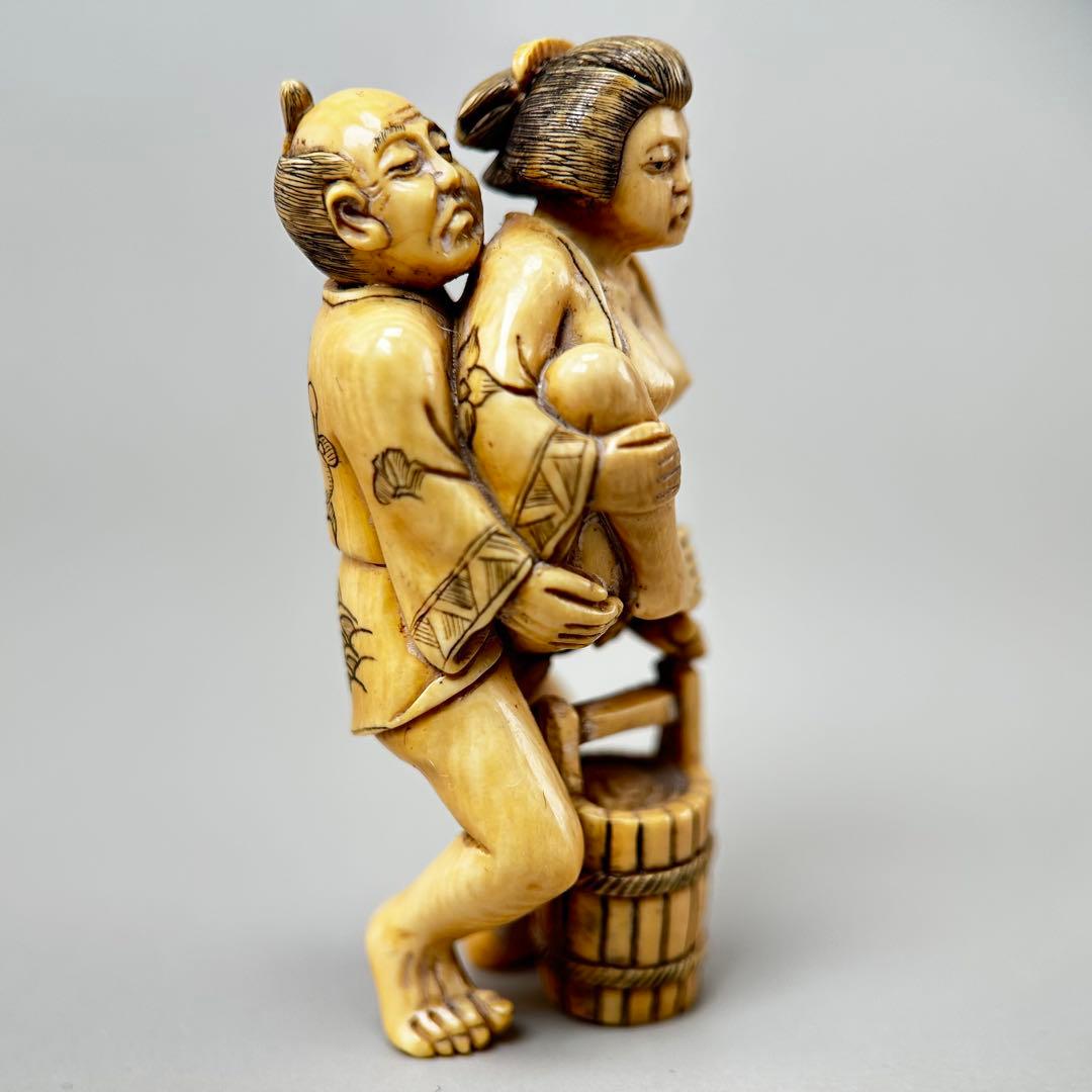 浮世絵二人の人物像 彫刻極上根付天然素材アンティーク骨董飾り物古美術置物細密細工