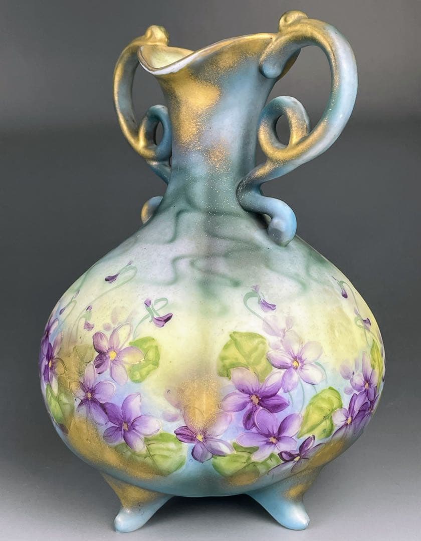 【希少】オールドノリタケ 焼き付け金彩 スミレ紋 花瓶 金釉の霧吹き 金彩ミスト