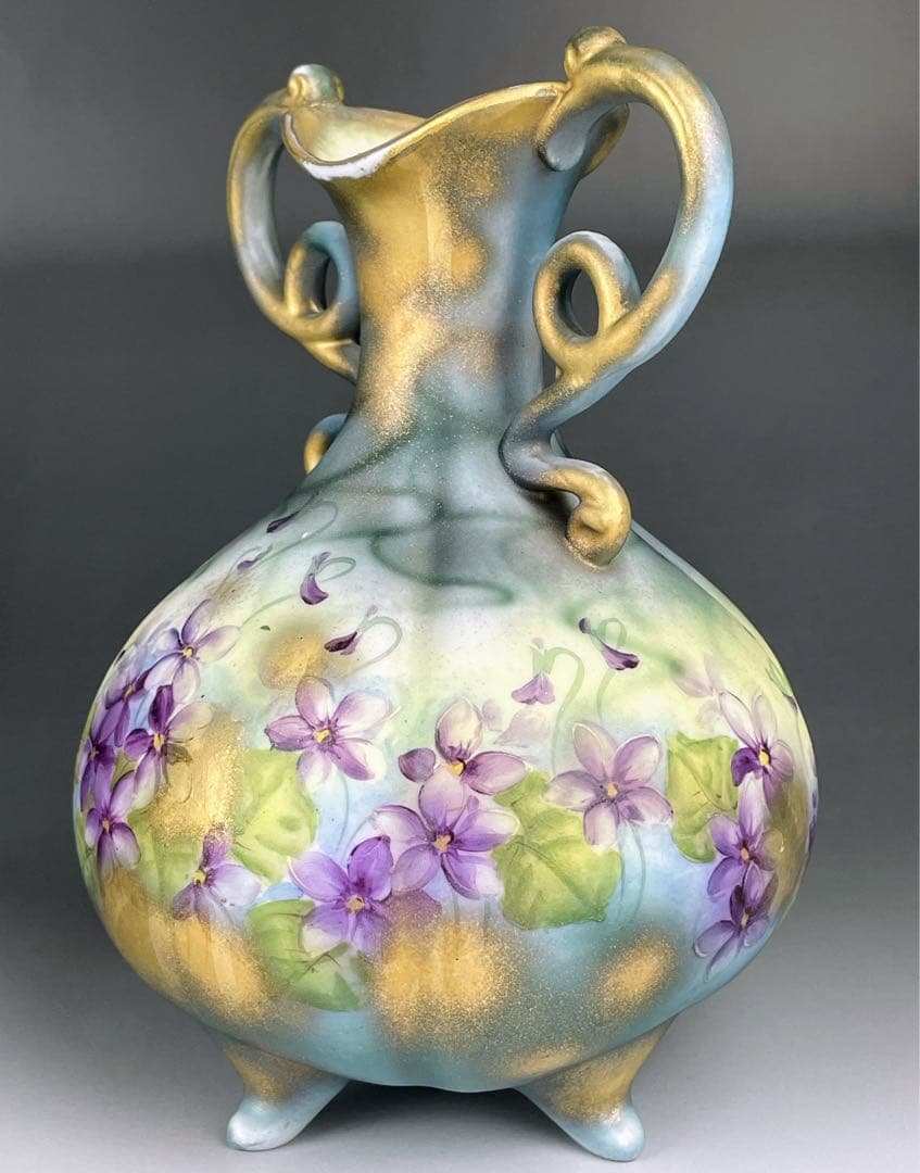 【希少】オールドノリタケ 焼き付け金彩 スミレ紋 花瓶 金釉の霧吹き 金彩ミスト