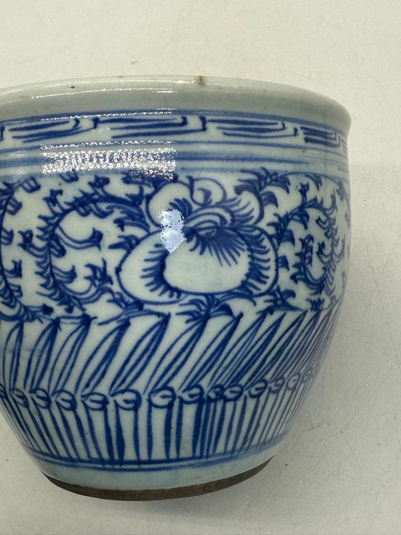 中国　清時代　染付　蓮紋巻缸　書斎用　送料込み251104