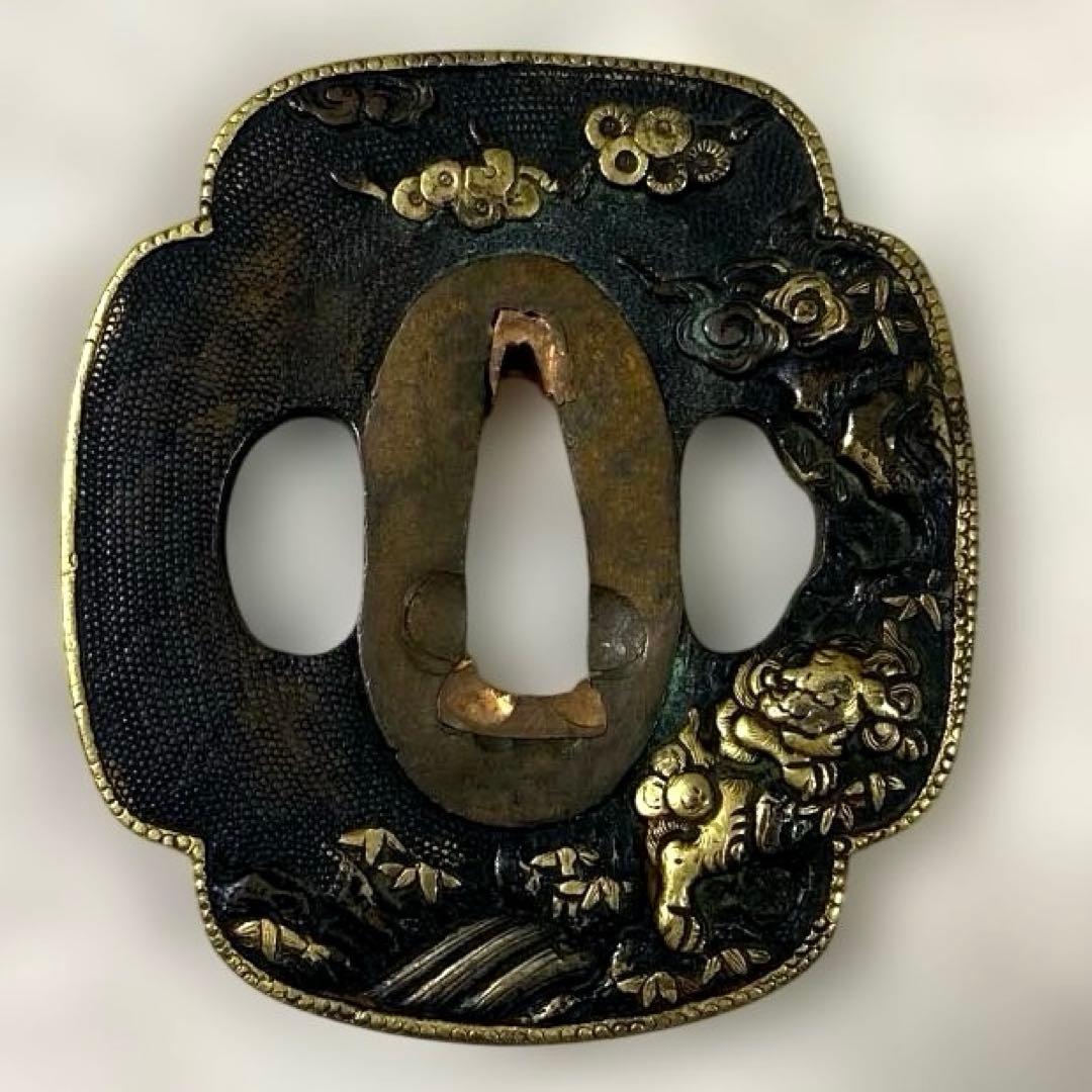 B-58 鍔　銅地　金象嵌　武具　刀装具　日本　骨董品　時代物　美術品　工芸品