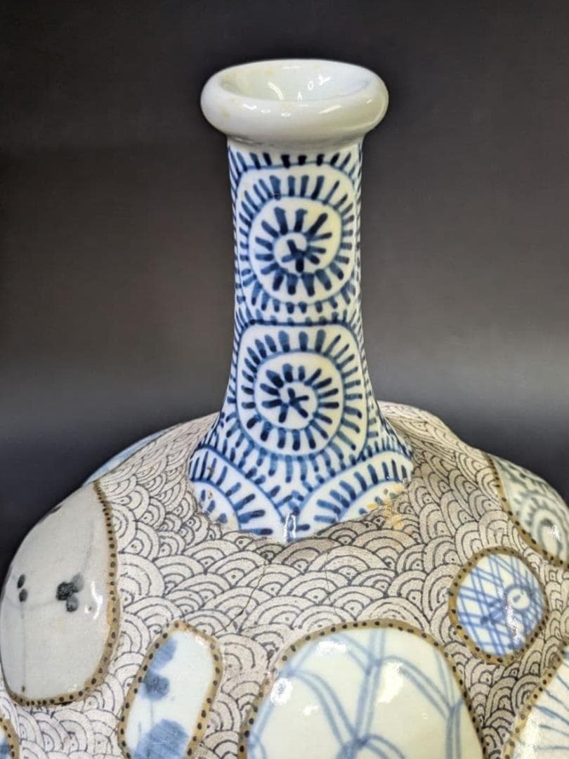 有田焼 古伊万里 古染付 陶片張 蛸唐草文 陶片 大徳利 酒器 花瓶 時代物骨董