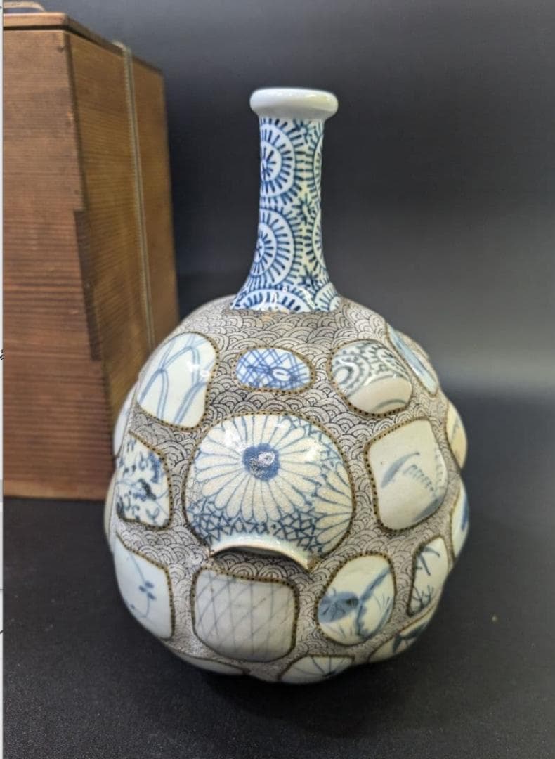 有田焼 古伊万里 古染付 陶片張 蛸唐草文 陶片 大徳利 酒器 花瓶 時代物骨董