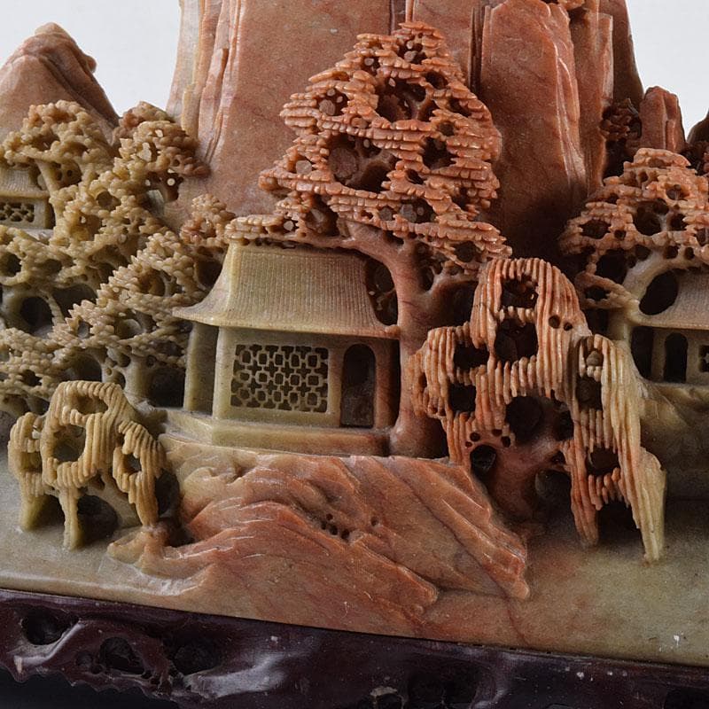 中国　玉石蝋石青田石　楼閣山水雕　床飾　置物　M　R7899C