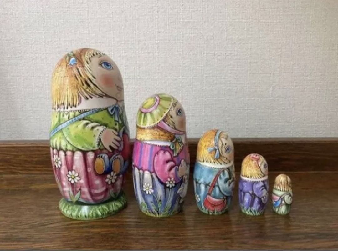 ロシア雑貨☆『Teddy bear』ウッドバーニング マトリョーシカ5P ミラ作