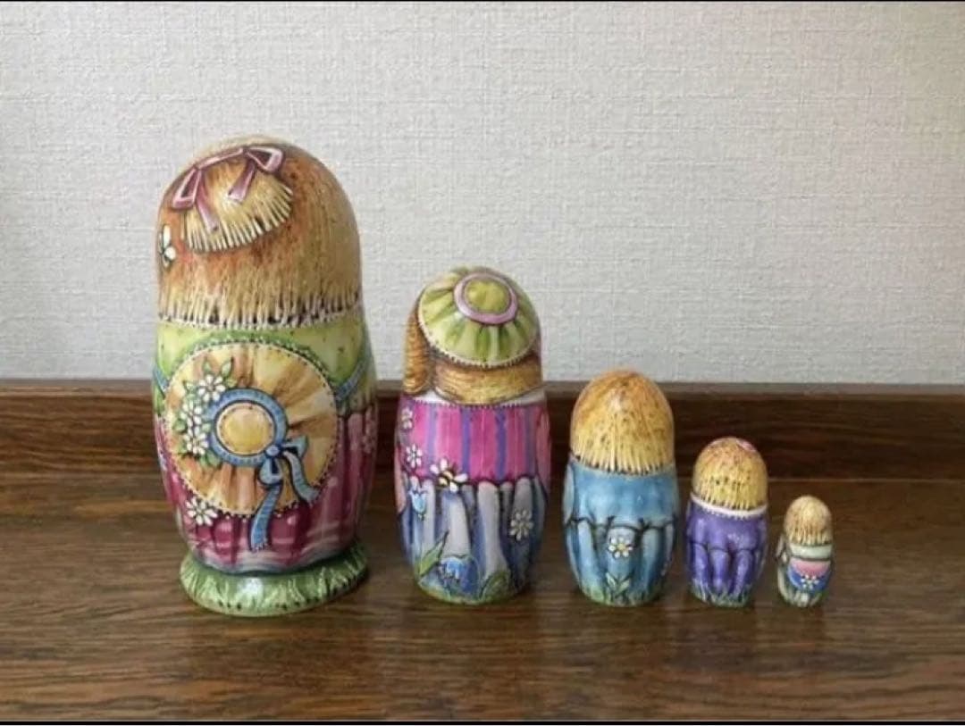 ロシア雑貨☆『Teddy bear』ウッドバーニング マトリョーシカ5P ミラ作