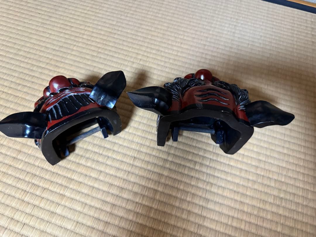 母のお茶道具の仲間たち　 レトロ 獅子頭 雄雌木彫 最大幅21〜25、高13cm