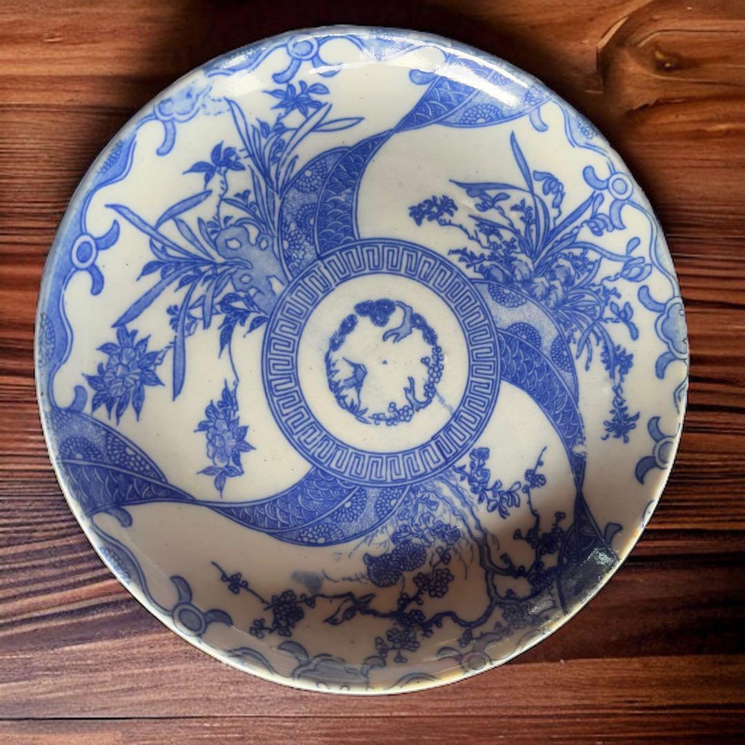 【骨董】古伊万里 小皿 明治期 藍色 ５枚 印判 アンティーク 陶磁器 染付け