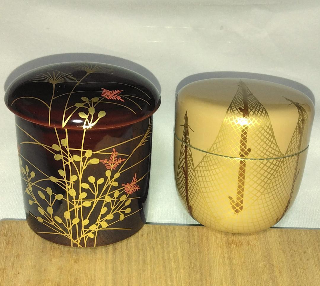 茶道具　中村湖彩作　四季棗の内　夏棗網干蒔絵白棗　秋棗秋草蒔絵秋棗　二点　美品！