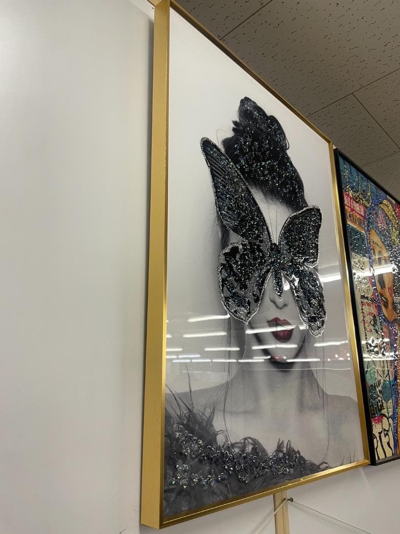 水晶絵　アートパネル　クリスタル　立体　絵画　アート　蝶　ブラック　モノクロ　金
