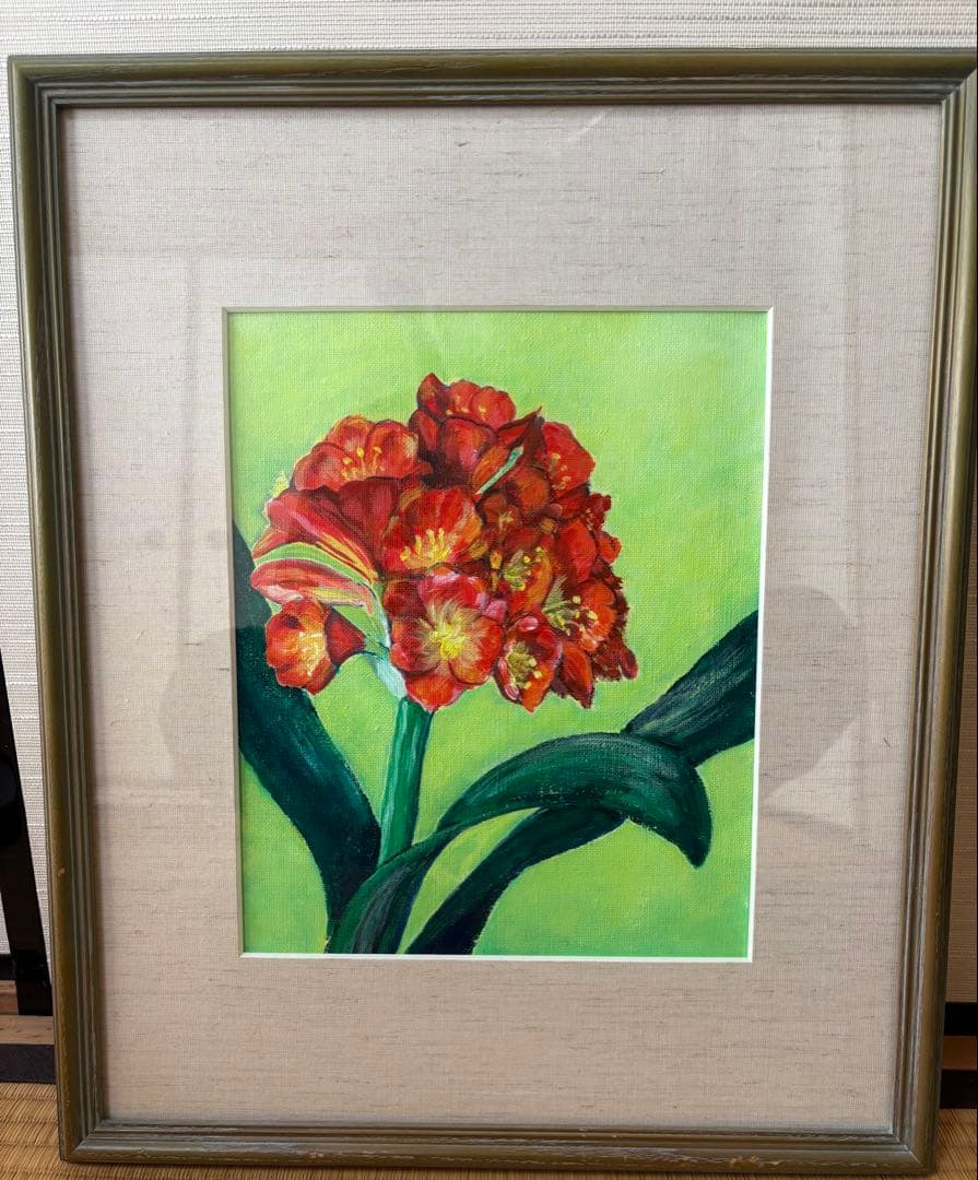 赤い花の絵画（フレーム付き）