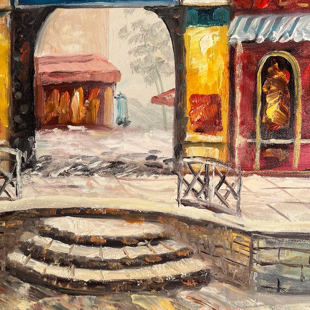 手書き油絵 パリの街角 レストラン 額付き 絵画 インテリア 油彩画