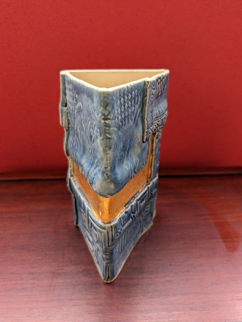 【箱あり】九谷焼 松本佐一 花生 花器 青 金彩 真田紐 インテリア 和洋折衷