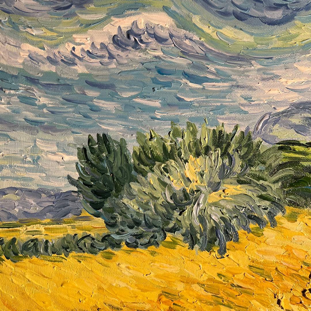 ★秀作★手書き油絵 ゴッホ 糸杉のある麦畑 絵画 額付き インテリア 油彩画