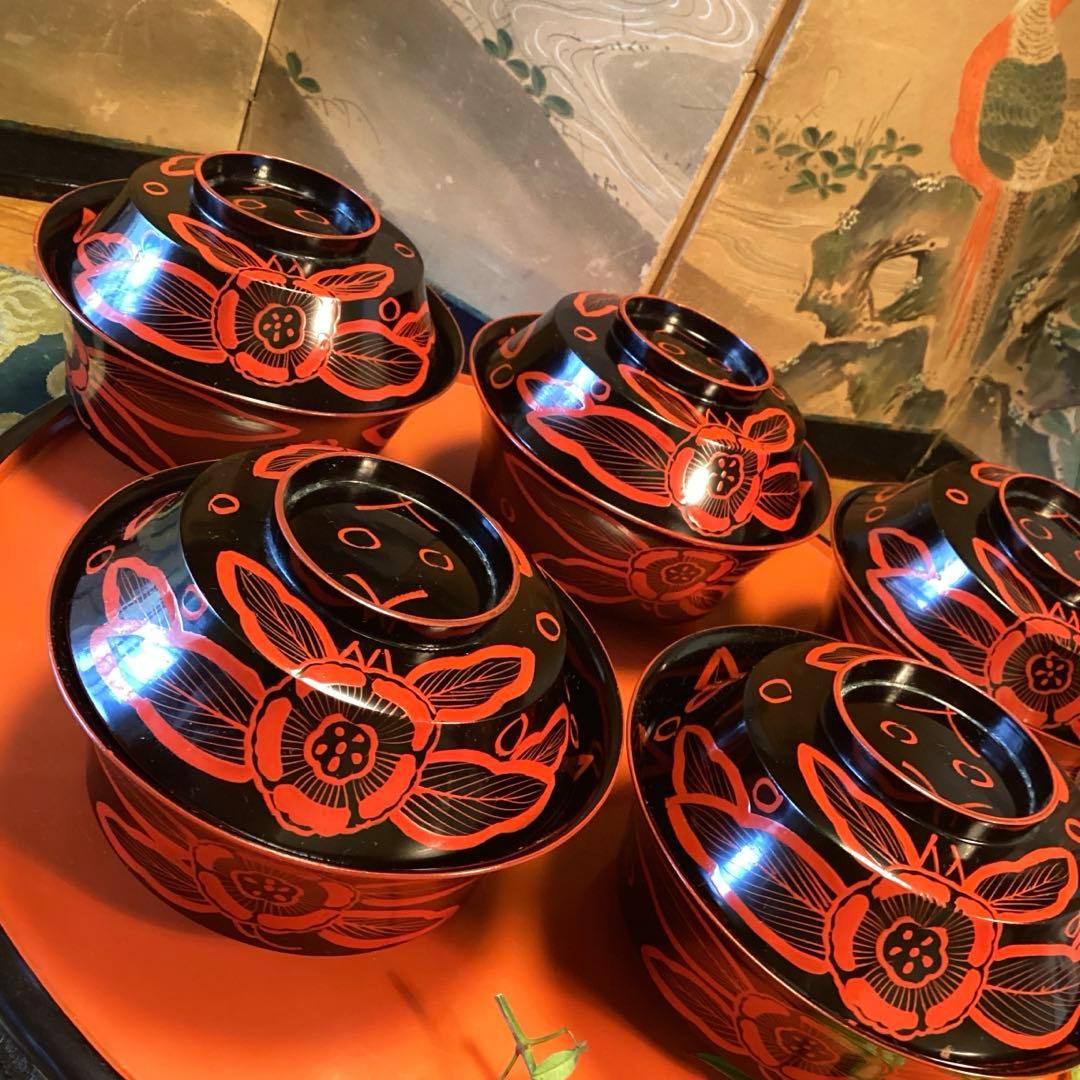 A1055 木製輪島塗　吉野椀　芙蓉紋様　吸い物椀　5客