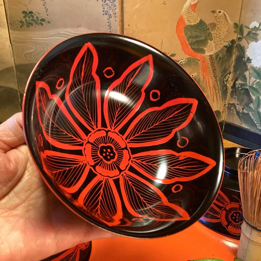 A1055 木製輪島塗　吉野椀　芙蓉紋様　吸い物椀　5客