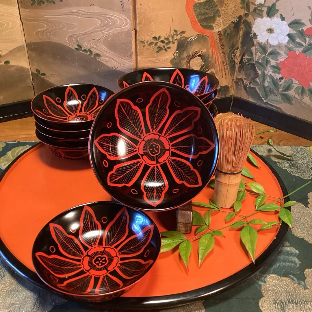 A1055 木製輪島塗　吉野椀　芙蓉紋様　吸い物椀　5客