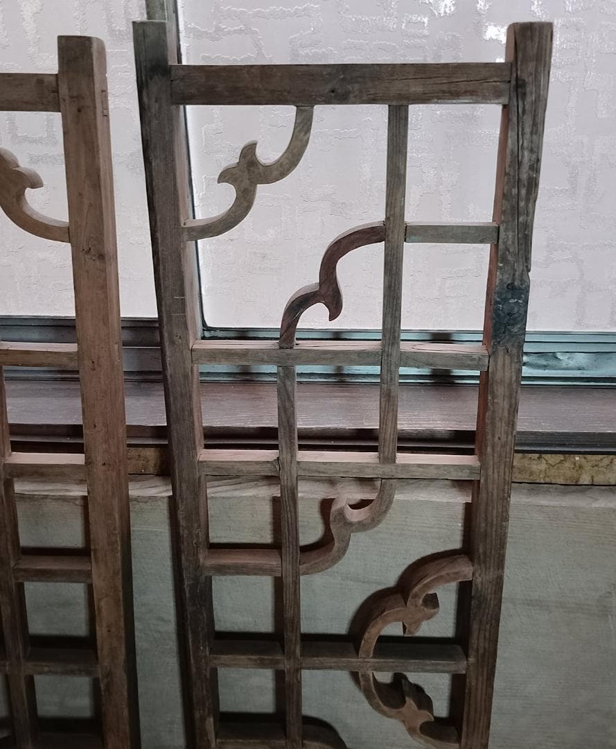 アンティーク 木製 格子 建具 2枚セット 古道具 透かし彫り 雲形 時代家具