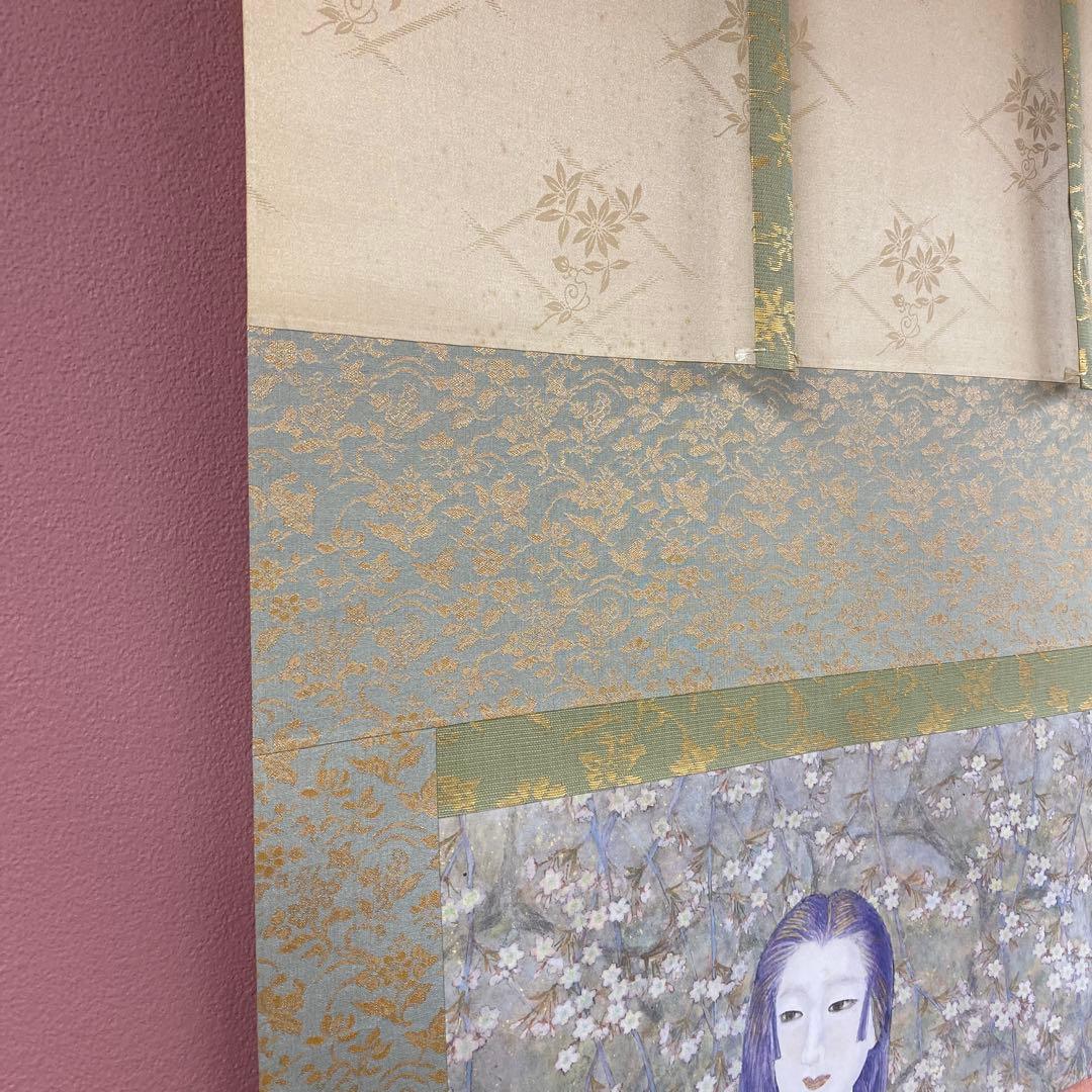 美品 掛け軸 日本画家 白鳥映雪筆「古城惜春」 桜 縁起物 美人画 おもてなし