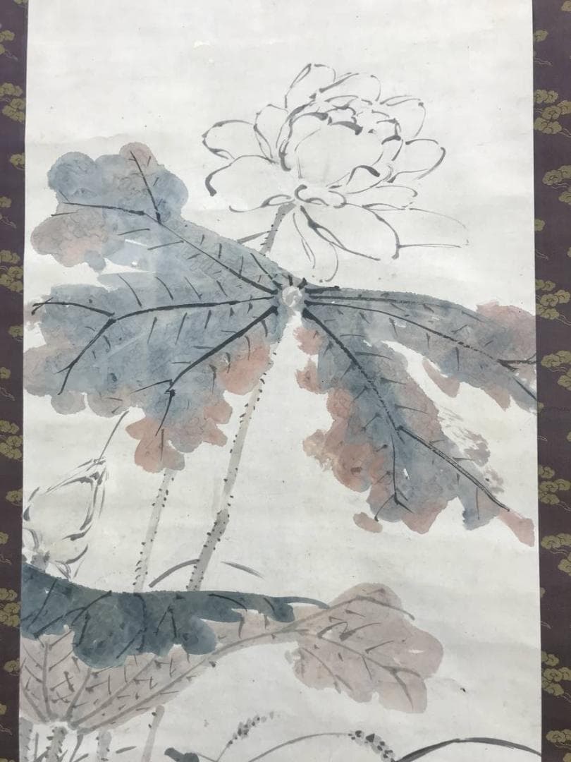 【真作】山本梅屋/蓮花図/ハス図/花図/掛軸/名家伝来/AD-57