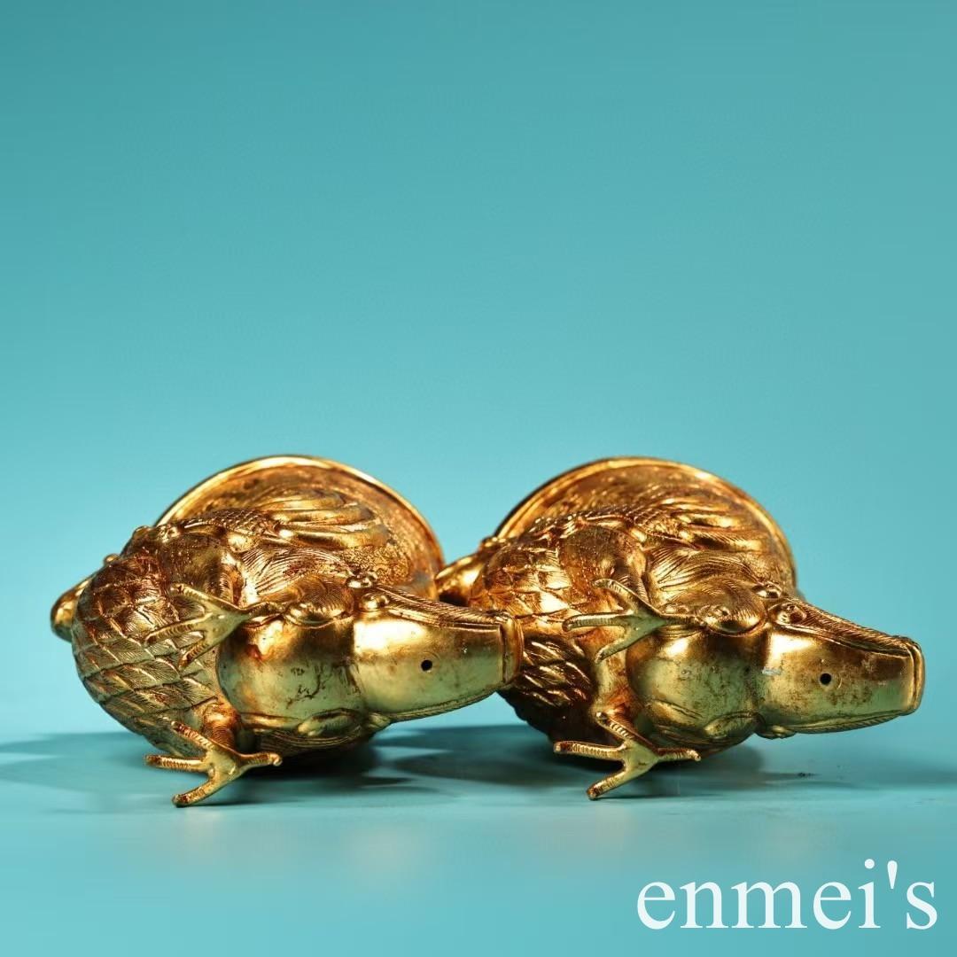 中国古美術・旧蔵高浮彫鏨刻鎏金の鳳凰酒杯セット・純銅制・手作り・酒具・風水開運