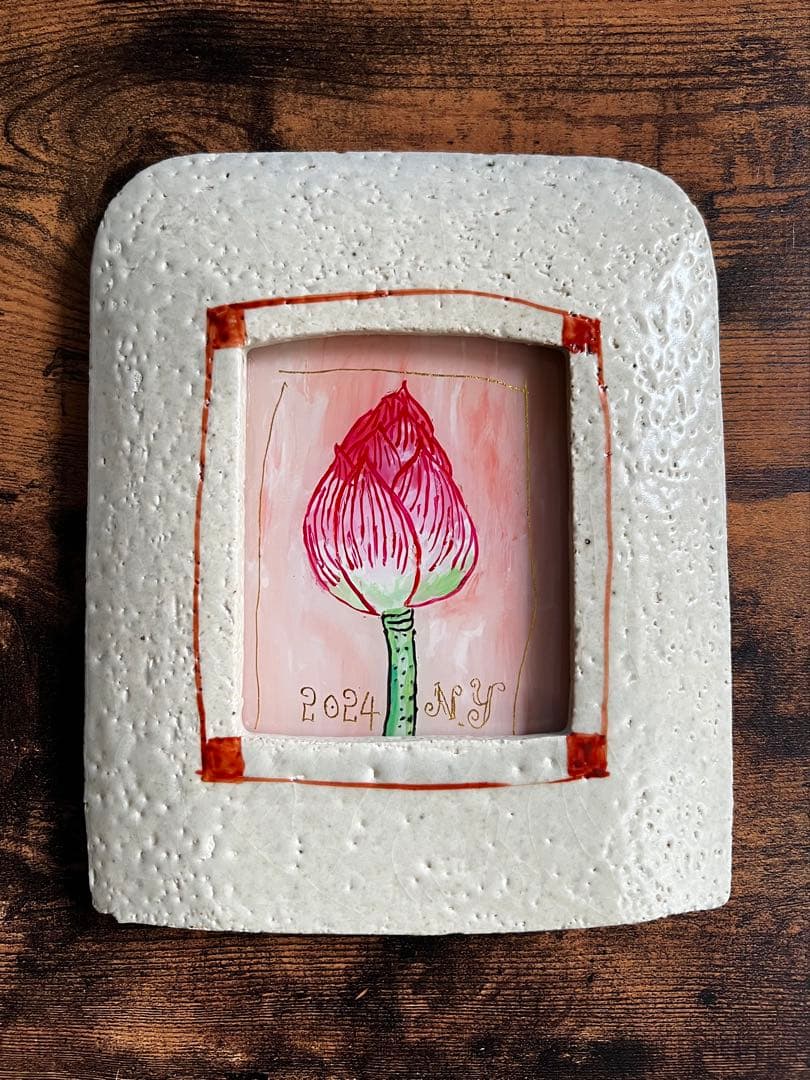 貴重・岩井窯　山本教行さんの陶器・ガラス絵　蓮子花