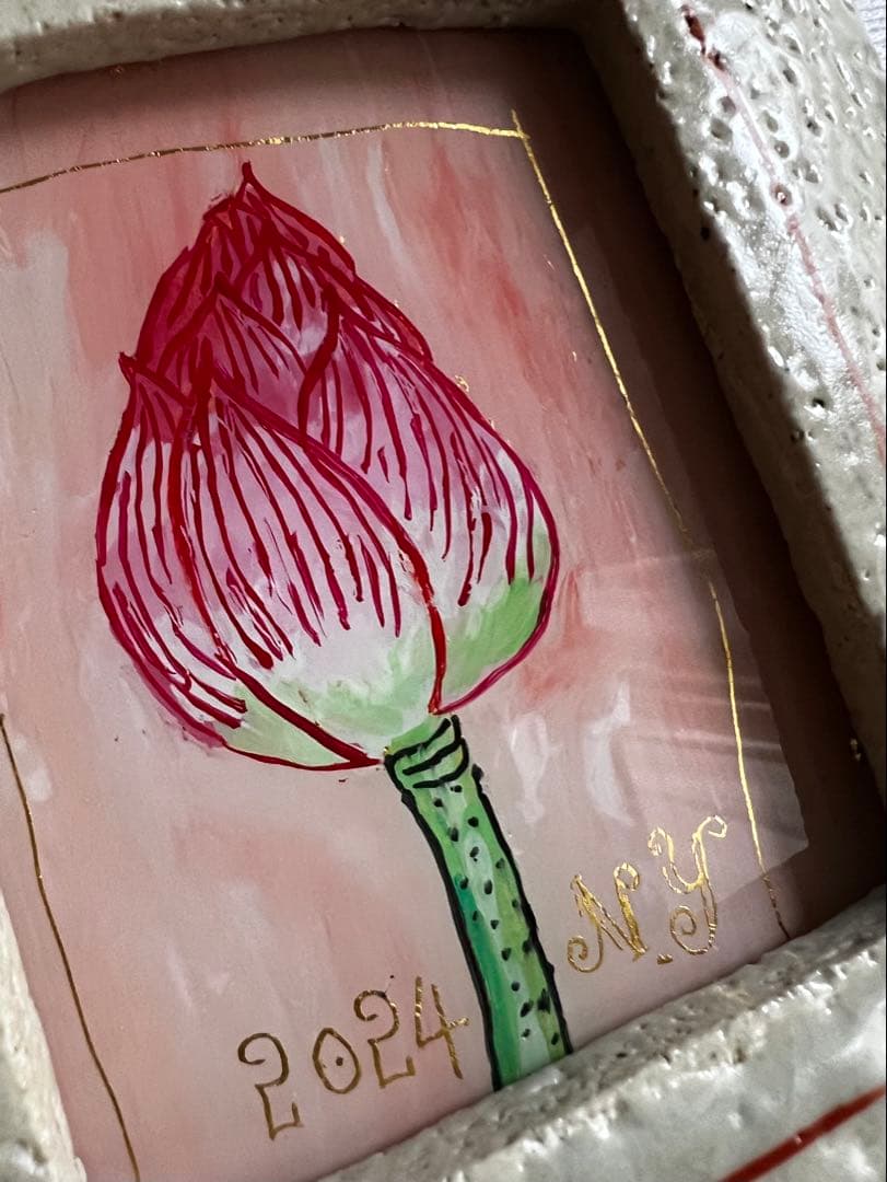 貴重・岩井窯　山本教行さんの陶器・ガラス絵　蓮子花