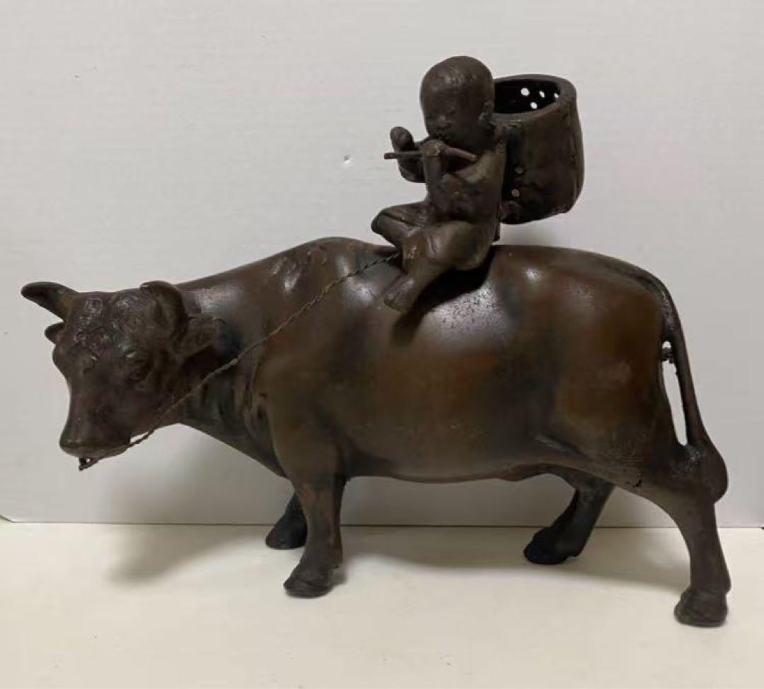 鉄製 牛笛吹童子騎牛帰家 置物 時代品