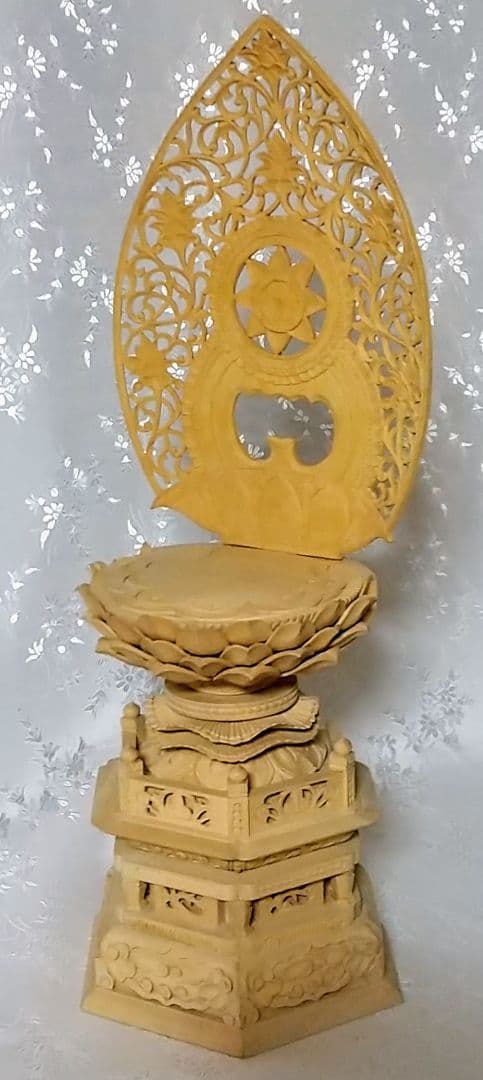 台座+光背 坐像用#545 背切 六角 宝相華唐草 透し彫 木彫 仏像付属品