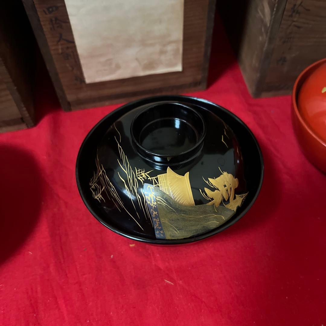 旧家蔵出　時代物 漆器 蒔絵 麦 黒 吸物椀 四箱