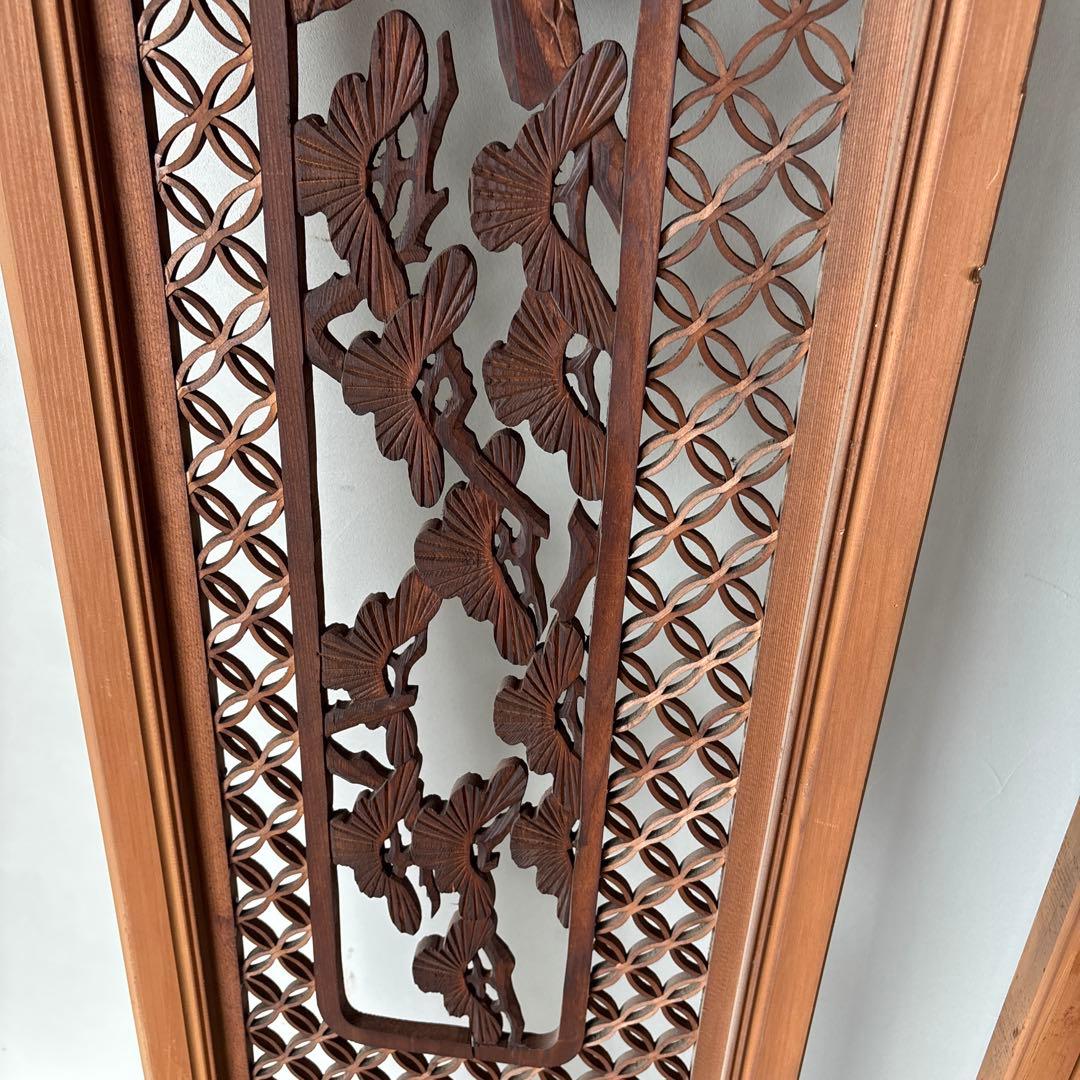 古い彫刻欄間　七宝組子　松　鷹　らんま　格子　手彫　木彫　木彫り　白木　当時物1