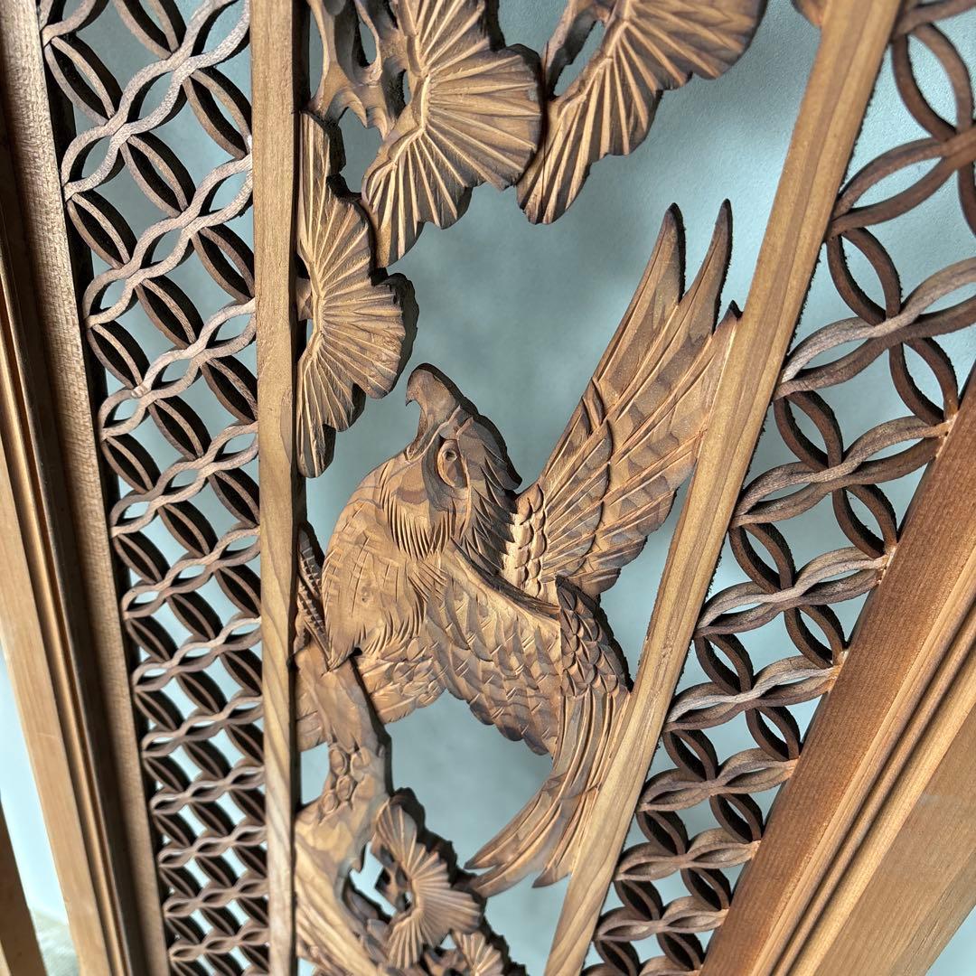 古い彫刻欄間　七宝組子　松　鷹　らんま　格子　手彫　木彫　木彫り　白木　当時物1