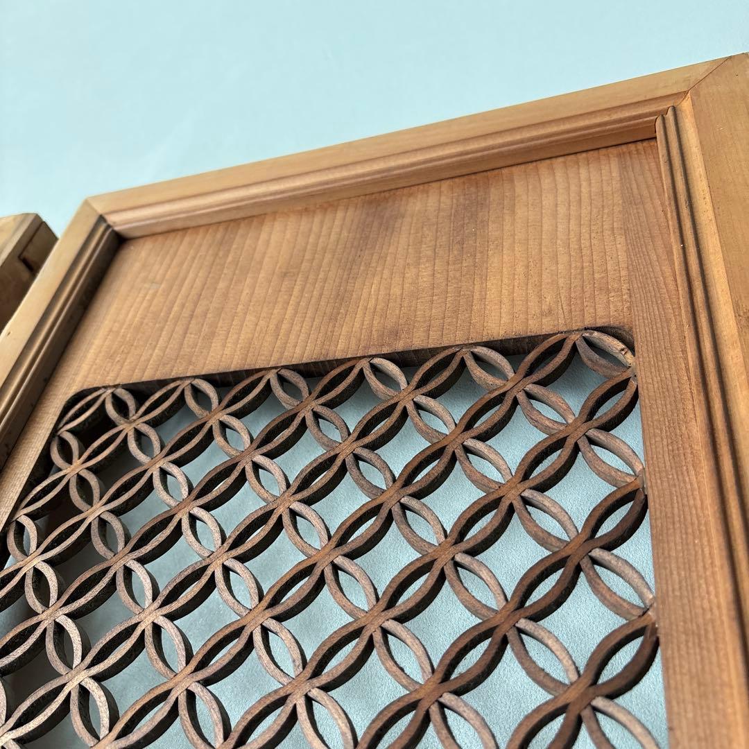 古い彫刻欄間　七宝組子　松　鷹　らんま　格子　手彫　木彫　木彫り　白木　当時物1