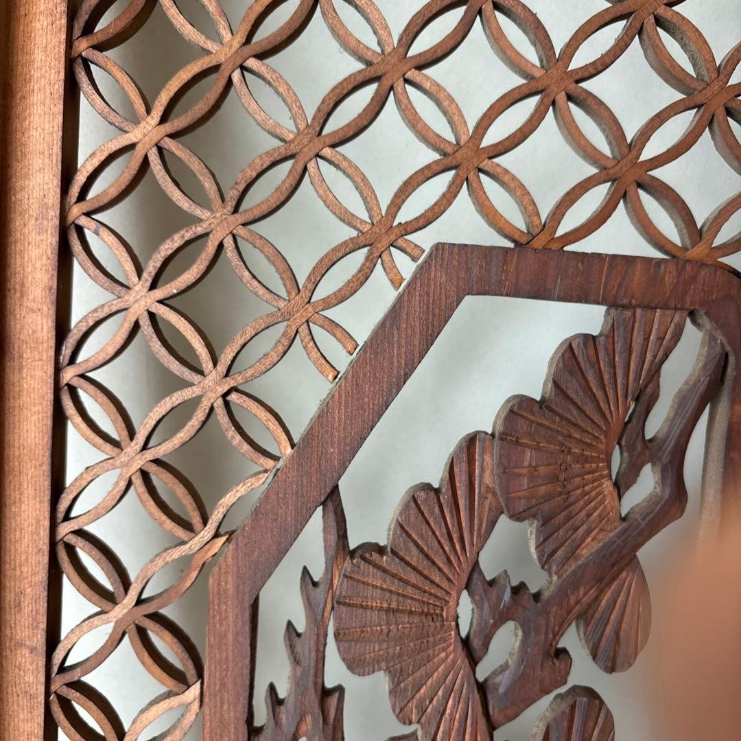 古い彫刻欄間　七宝組子　松　鷹　らんま　格子　手彫　木彫　木彫り　白木　当時物1