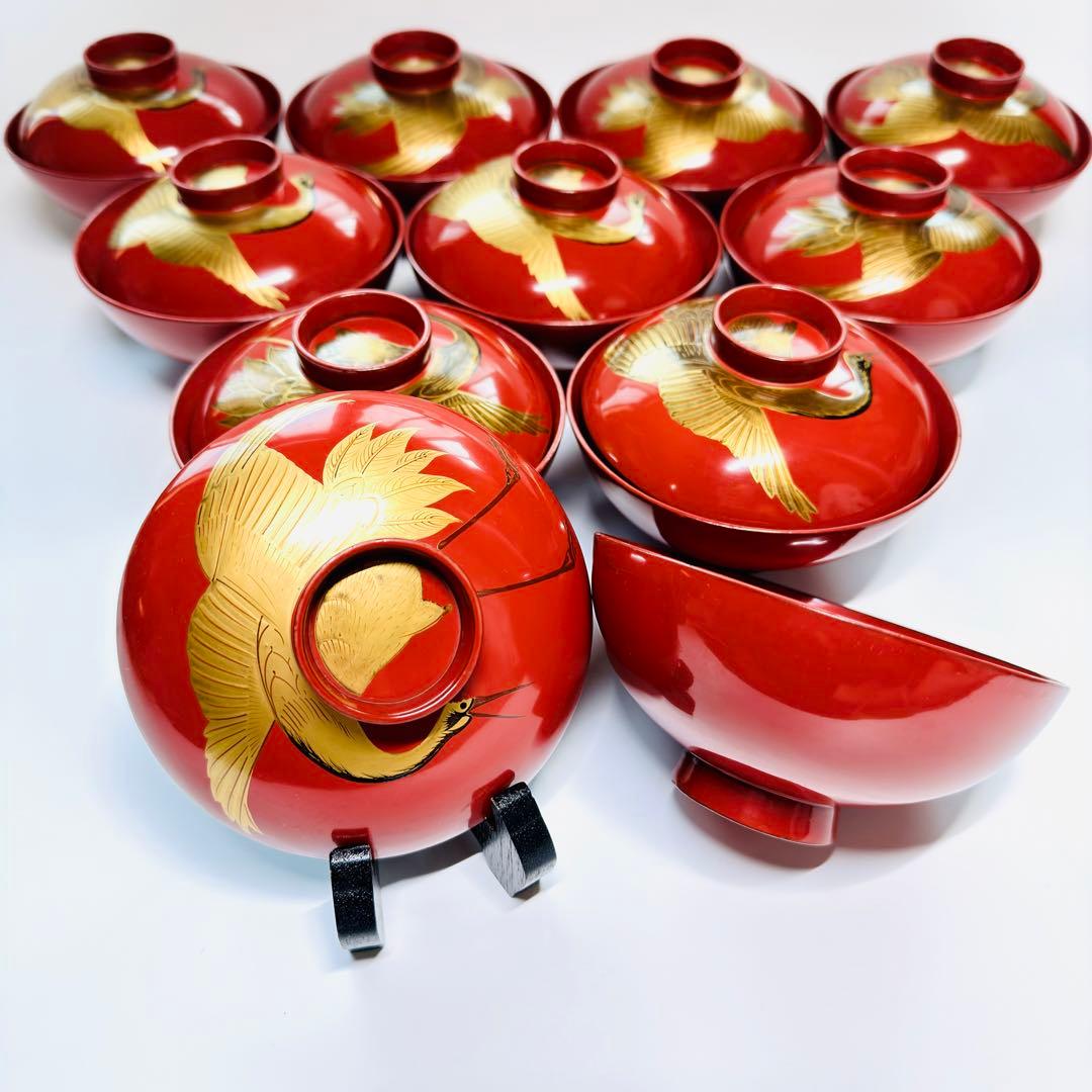 漆器輪島塗　蒔絵金彩細工鶴文　木製　蓋付椀　お煮物椀　吸物椀　10客　骨董品