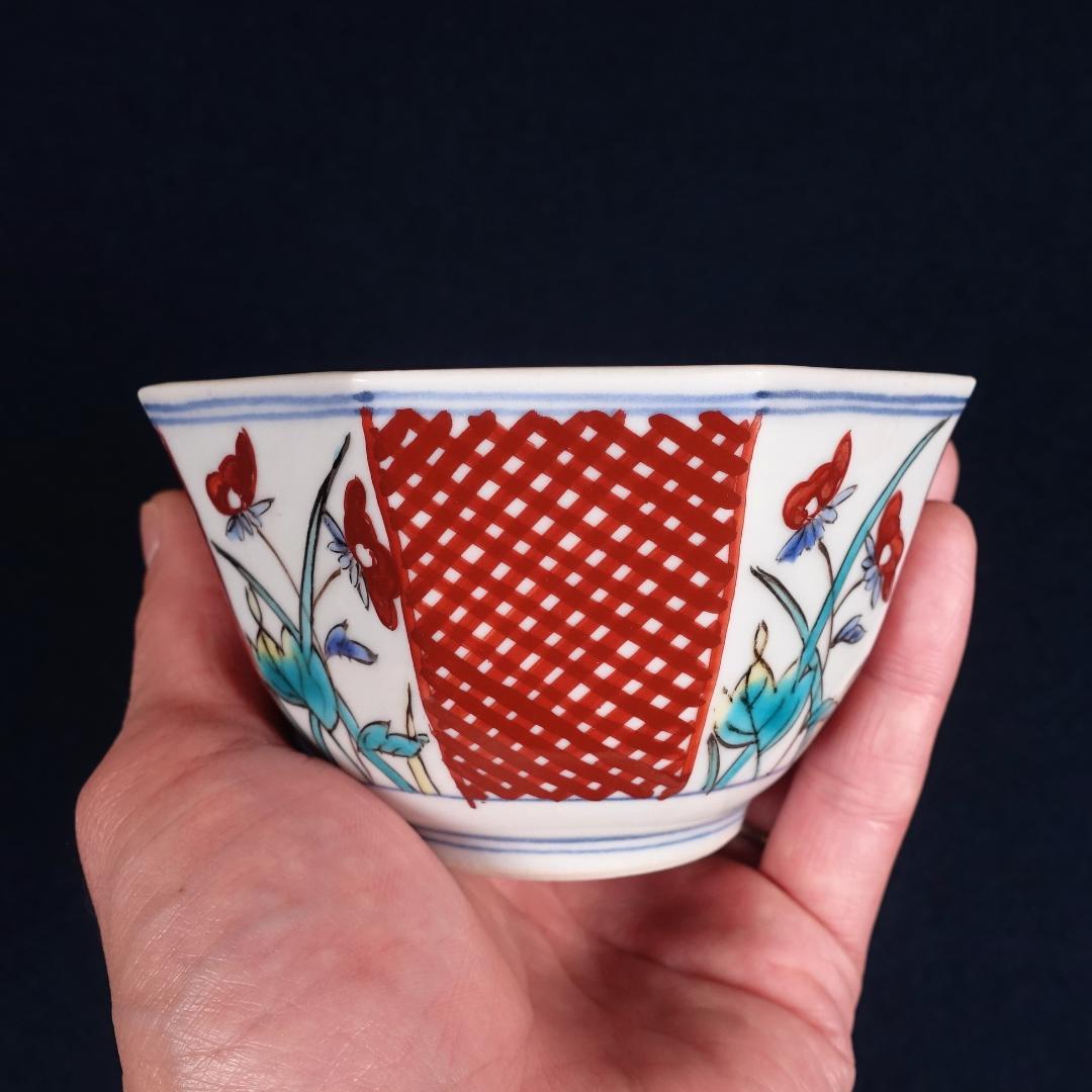 九谷焼 堀江青光 九谷聖城窯 牡丹割取 八角小鉢 5客 共箱